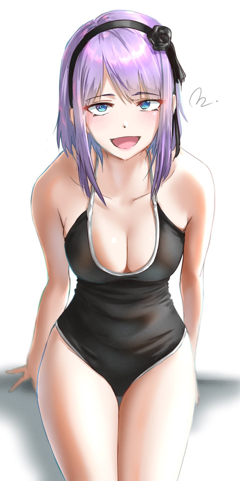 1girl black_flower black_hairband black_one-piece_swimsuit blue_eyes breasts cleavage dagashi_kashi flower hairband highres medium_breasts medium_hair mitsugu one-piece_swimsuit open_mouth purple_hair ringed_eyes shidare_hotaru simple_background solo swimsuit white_background