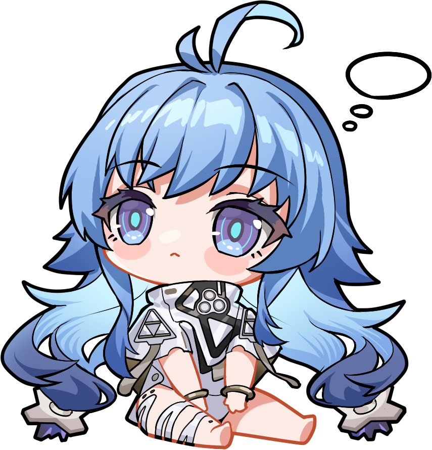1girl :&lt; ahoge artist_request blue_eyes blue_hair blush_stickers chibi chibi_only chinese_commentary eniac_(neural_cloud) girls&#039;_frontline girls&#039;_frontline_neural_cloud leotard long_hair official_art second-party_source shawl sitting solo speech_bubble thought_bubble twintails white_leotard white_shawl