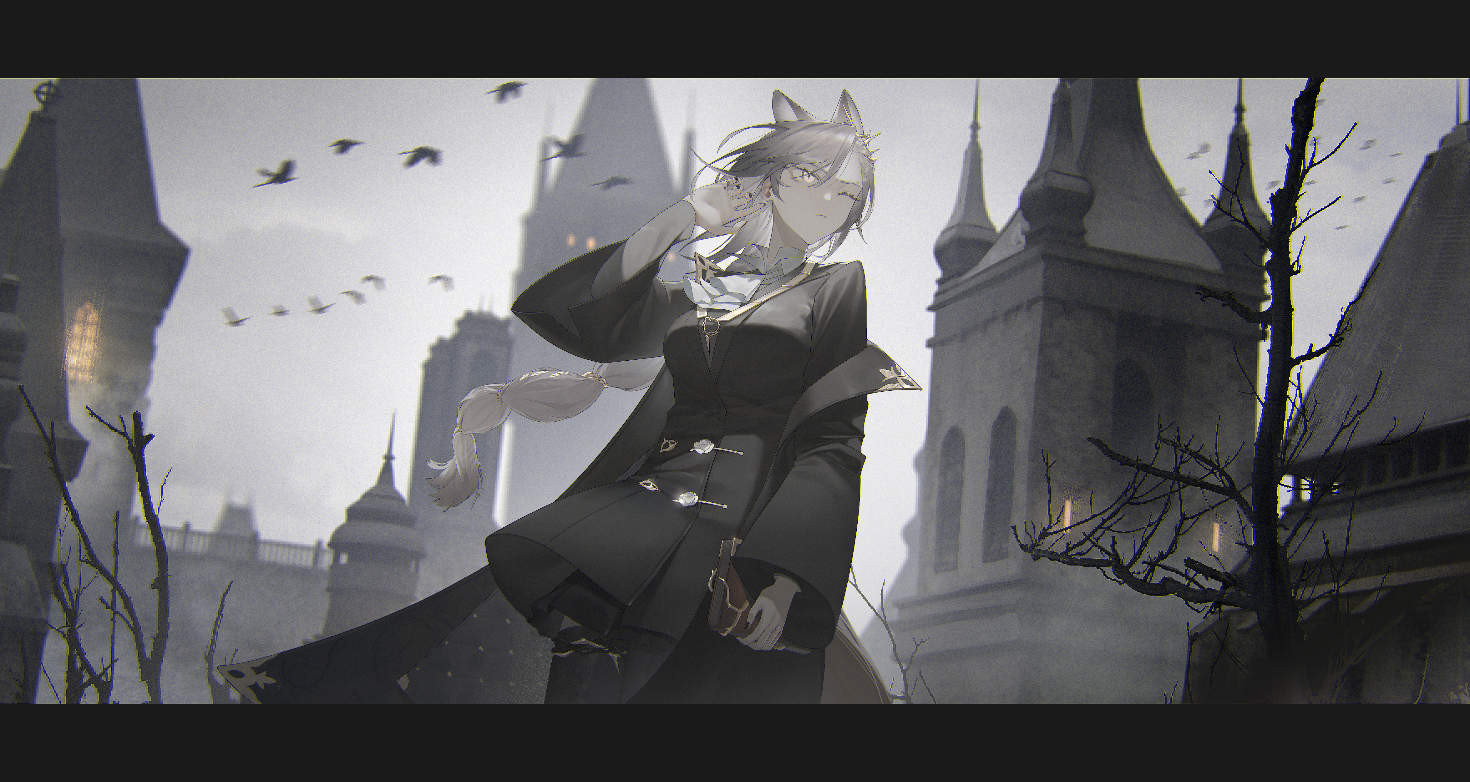 1girl absurdres animal arknights bare_tree bird black_jacket black_nails black_skirt black_thighhighs book braid breasts brown_eyes closed_mouth commentary grey_hair highres holding holding_book jacket letterboxed long_hair long_sleeves looking_away looking_to_the_side medium_breasts nail_polish one_eye_closed outdoors penance_(arknights) railing single_braid skirt solo thighhighs tmt tower tree very_long_hair wide_sleeves