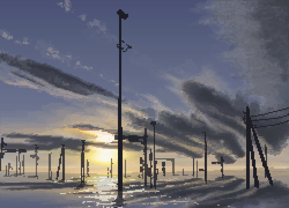 alarm_siren cloud cloudy_sky flood gradient_sky hisachan55cute no_humans original pixel_art power_lines reflection reflective_water ruins scenery simple_background sky sunrise utility_pole
