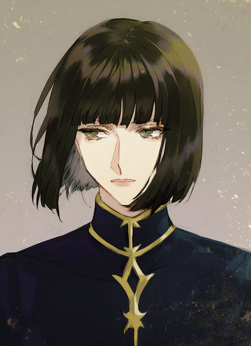 1boy black_hair blunt_bangs floating_hair gakuen_basara gakuran gold_trim green_eyes light_brown_background looking_to_the_side male_focus parted_lips portrait school_uniform sengoku_basara shibata_katsuie_(sengoku_basara) short_hair simple_background solo straight_hair suishagoya
