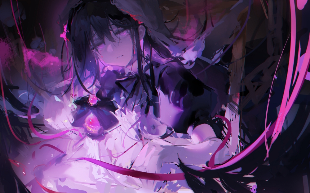 1girl akemi_homura akemi_homura_(black_dress) black_hair chenyan dark_orb_(madoka_magica) dress funeral_dress hairband long_hair looking_at_viewer magical_girl mahou_shoujo_madoka_magica mahou_shoujo_madoka_magica:_hangyaku_no_monogatari purple_eyes solo veil