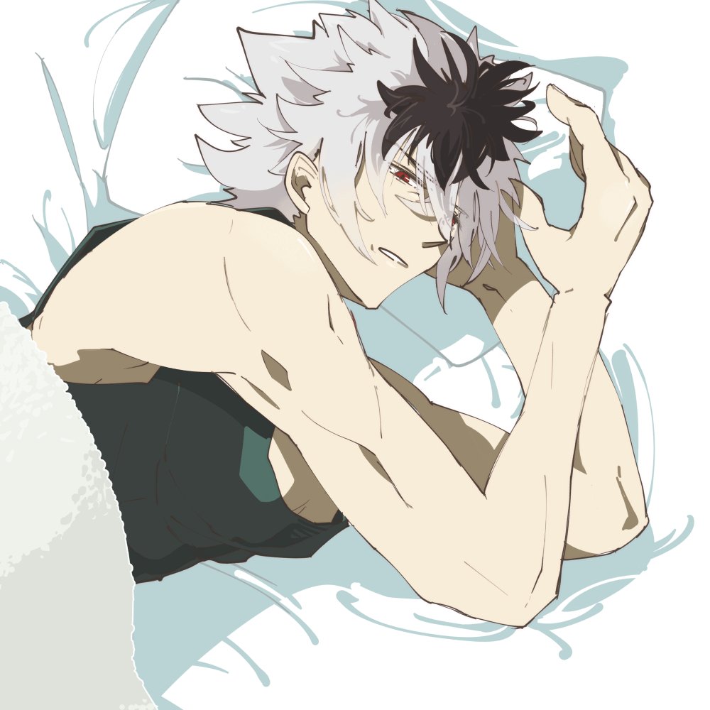 1boy black_hair eifilet facing_to_the_side fire_emblem fire_emblem_fates male_focus multicolored_hair nintendo on_bed red_eyes shura_(fire_emblem) solo two-tone_hair upper_body white_hair