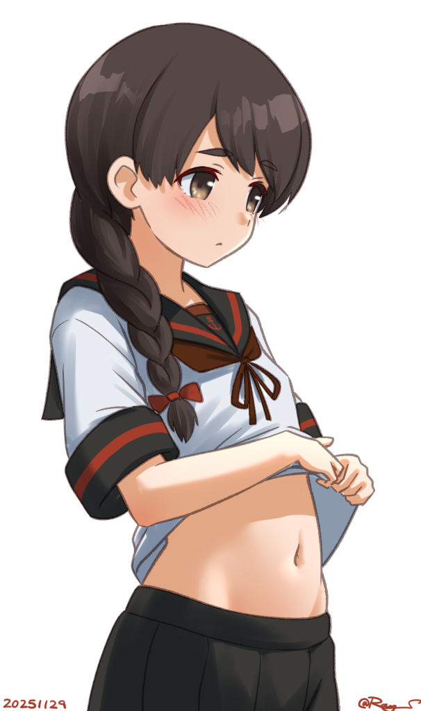 1girl black_sailor_collar black_skirt braid brown_eyes brown_hair kantai_collection long_hair pleated_skirt ray.s sailor_collar school_uniform serafuku simple_background single_braid skirt solo uranami_(kancolle) white_background