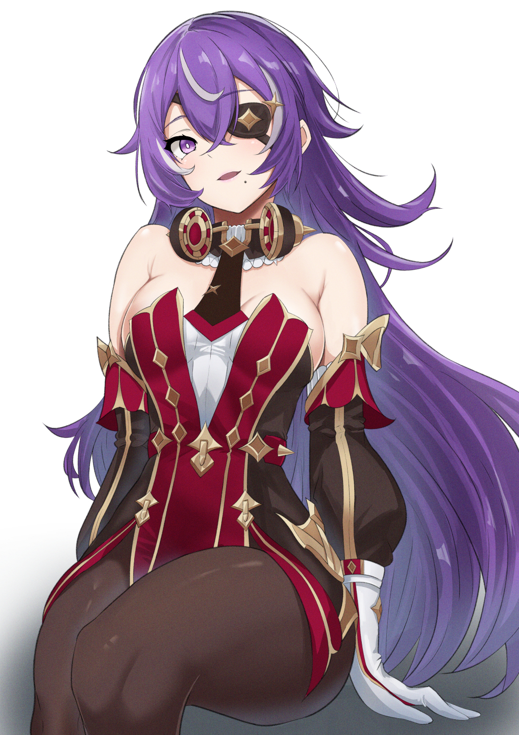 1girl :d bare_shoulders black_dress black_necktie black_pantyhose blush breasts bright_pupils chevreuse_(genshin_impact) commentary_request detached_sleeves dress earmuffs earmuffs_around_neck eyepatch feet_out_of_frame genshin_impact gloves hair_ornament head_tilt highres kakabos long_hair long_sleeves looking_at_viewer medium_breasts mole mole_under_mouth necktie no_headwear open_mouth pantyhose purple_eyes purple_hair red_dress sitting smile solo strapless strapless_dress thighs two-tone_dress very_long_hair white_background white_gloves white_pupils