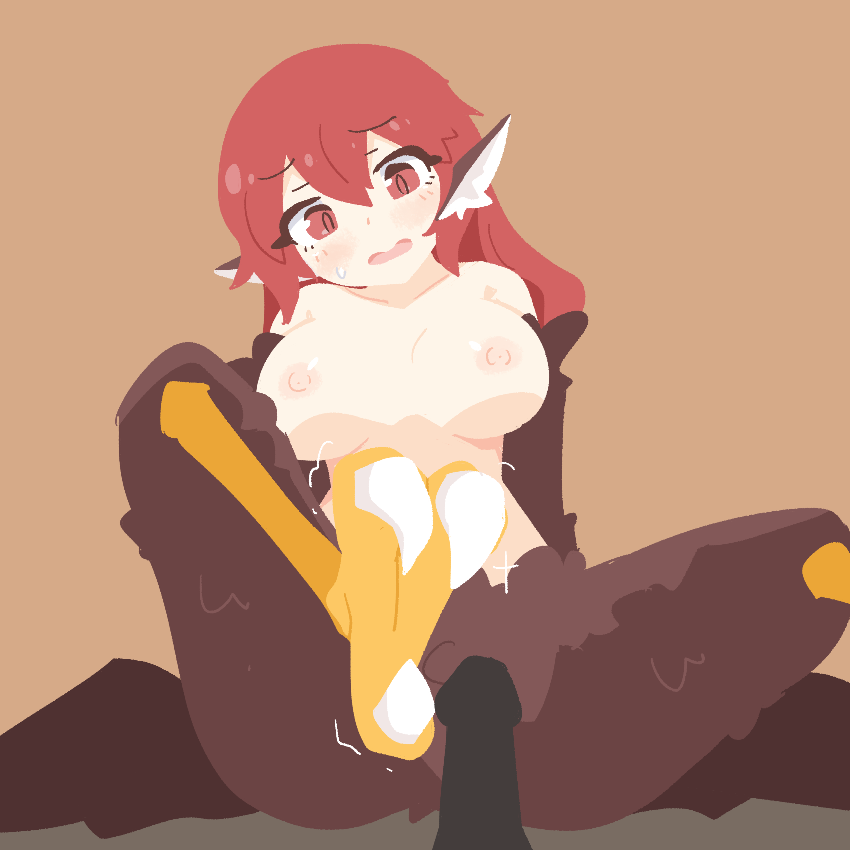 1boy 1girl animal_ears big_o_pants bird_ears bird_legs black_feathers blush breasts brown_background brown_feathers brown_wings commentary_request feather_fingers feathers fio-chan_(big_o_pants) harpy hetero imminent_footjob large_breasts long_hair looking_at_viewer monster_girl nipples no_lineart open_mouth original penis pov red_eyes red_hair talons winged_arms wings
