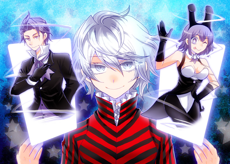 10s 1girl 2boys animal_ears bare_shoulders card devil_survivor_(series) devil_survivor_2 hasumi_hiko melancholy_man multiple_boys purple_eyes purple_hair tiko tycho white_hair
