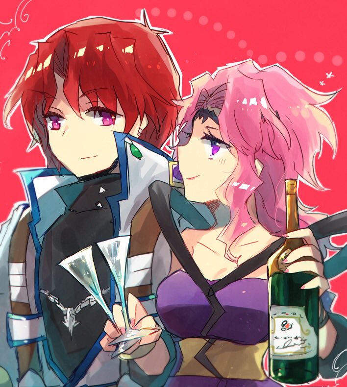 1boy 1girl alcohol axel_almer bare_shoulders bottle cup drink drinking_glass lemon_browning nunuko_(mu661129) pink_hair red_hair smile super_robot_wars super_robot_wars_advance super_robot_wars_advance_portable super_robot_wars_og_the_inspector super_robot_wars_original_generation super_robot_wars_original_generation_2 wine wine_bottle wine_glass