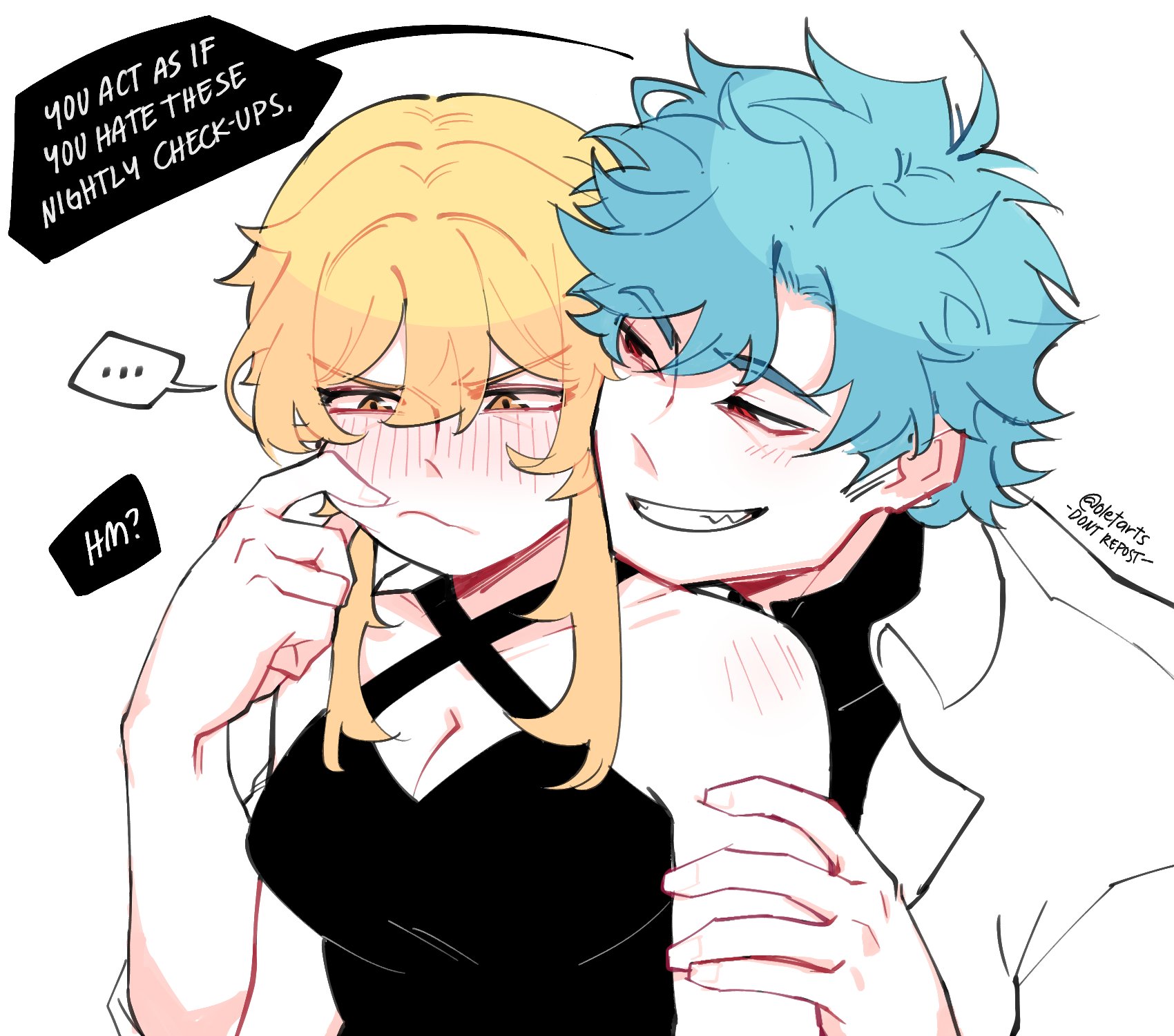 Lumine's fingers tracing Dottore's arm in a moment of tenderness