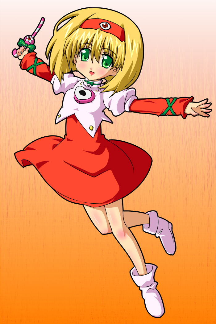 00s 1girl bad_id bad_pixiv_id blonde_hair candy candy_cane cropped_jacket dai_mahou_touge dress female_focus food full_body gradient_background green_eyes headband holding holding_candy holding_candy_cane holding_food shoes short_hair simple_background smile solo tanaka_punie tea_(084630000)