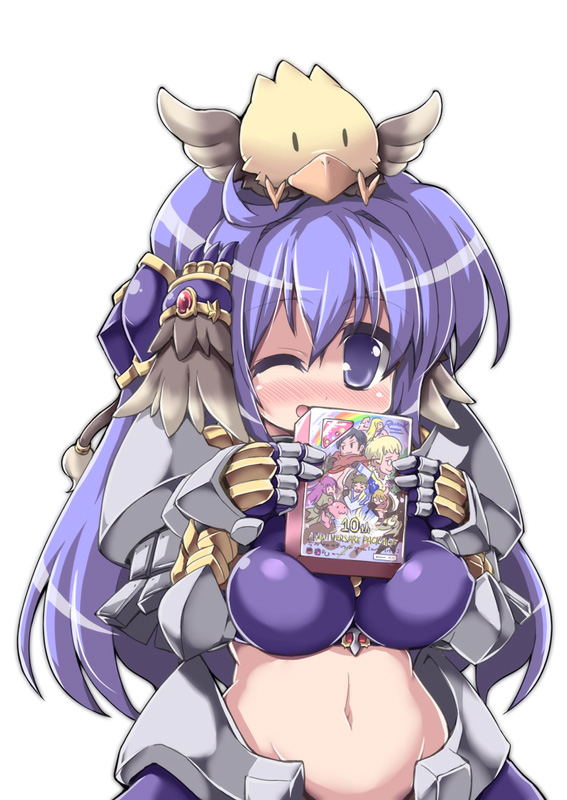 1girl armor bikini_armor blush breasts commentary_request crop_top cross cross_necklace gauntlets gryphon_(ragnarok_online) holding_game_cartridge jewelry large_breasts long_hair looking_at_viewer midriff navel necklace nose_blush one_eye_closed open_mouth pauldrons purple_eyes purple_hair purple_shirt ragnarok_online rakuma_kanori royal_guard_(ragnarok_online) shirt shoulder_armor simple_background smile upper_body white_background
