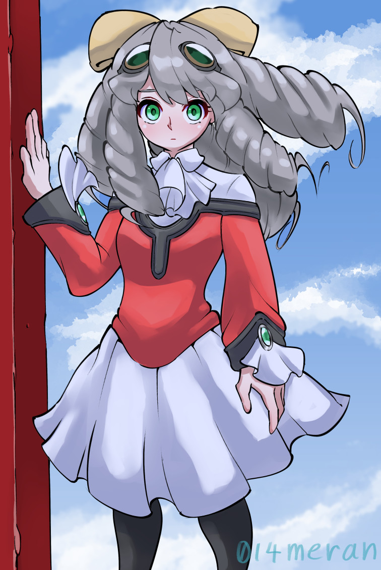 014meran 1girl artist_name ascot blue_sky closed_mouth commentary_request drill_hair gem goggles goggles_on_head green_eyes green_gemstone grey_hair long_hair maria_balthasar skirt sky solo standing twitter_username white_ascot white_skirt xenogears