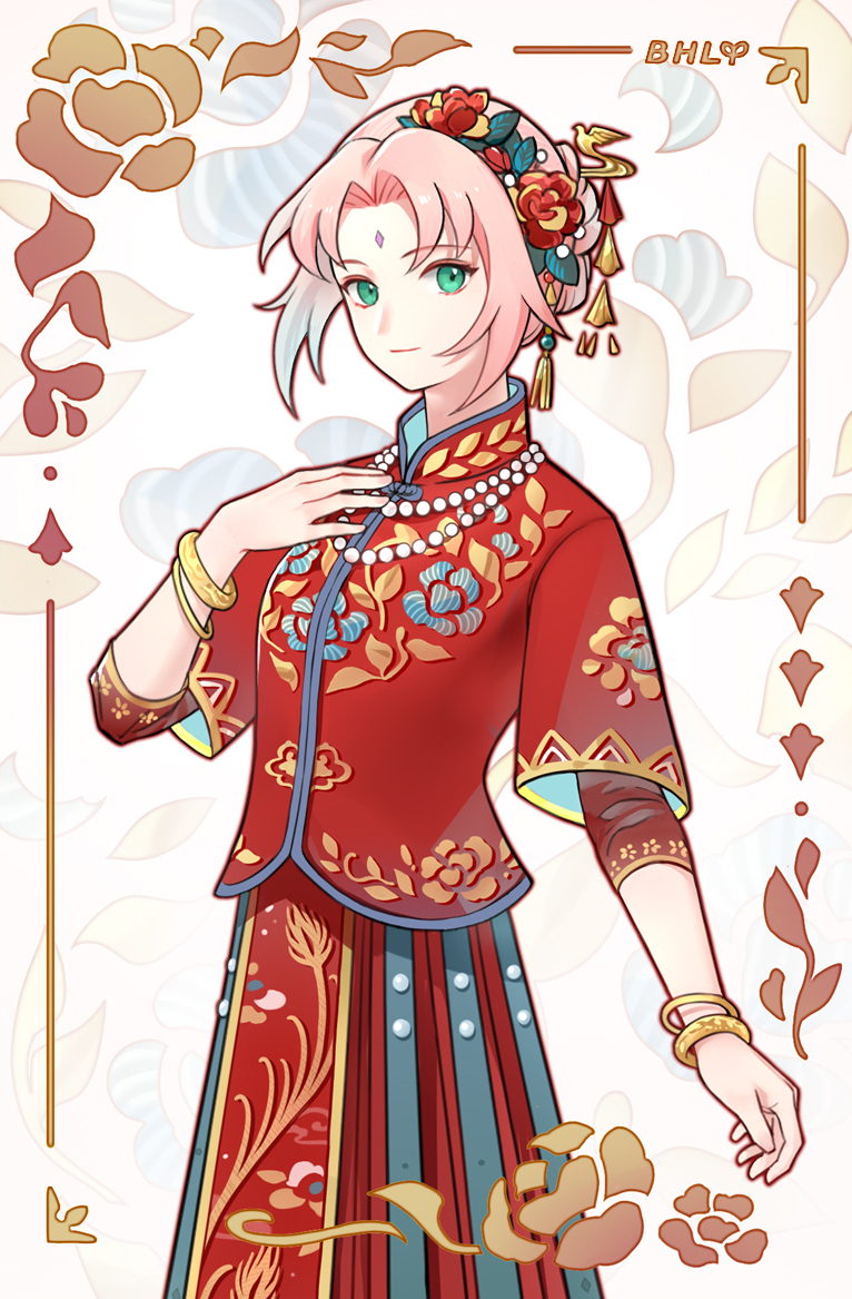 1girl aoqun aqua_eyes banbi beaded_hair_ornament bird_hair_ornament bohe_liang_you bracelet chinese_clothes cowboy_shot flower gold_bracelet hair_flower hair_ornament hair_stick hanfu haruno_sakura jewelry layered_sleeves mamianqun mandarin_collar naruto_(classic) naruto_(series) necklace pankou pearl_hair_ornament pearl_necklace pink_hair red_hanfu solo tassel tassel_hair_ornament
