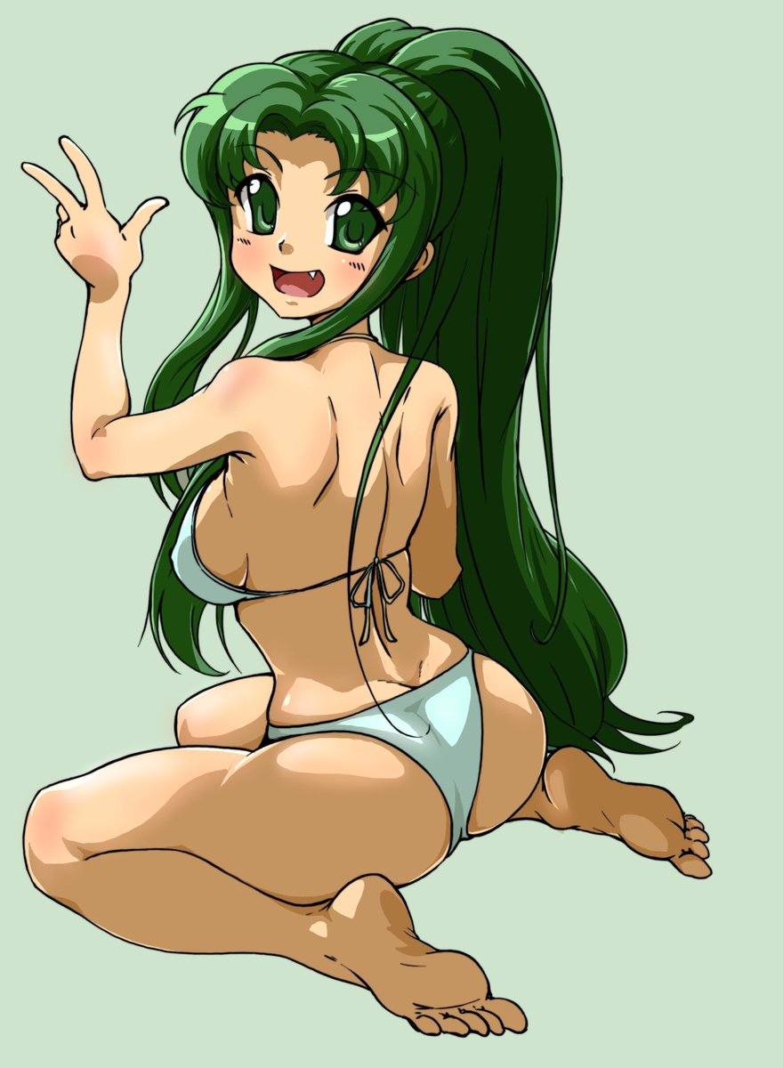 1girl alternate_hairstyle ass barefoot bikini breasts brown_eyes butt_crack commentary_request fang from_behind green_background green_bikini green_hair highres long_hair looking_at_viewer medium_breasts ponytail sadarann simple_background sitting solo suzumiya_haruhi_no_yuuutsu swimsuit tsuruya very_long_hair wariza