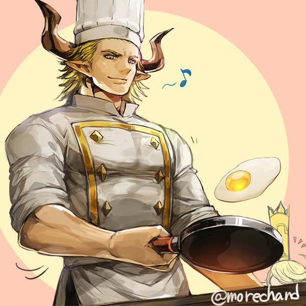 1boy baotorda bara blonde_hair character_request chef chef_hat chef cooking cow_boy cow_horns draph egg_yolk feet_out_of_frame frying_pan granblue_fantasy hat holding holding_frying_pan horns male_focus mature_male moreshan muscular muscular_male pectorals short_hair sideburns sleeves_rolled_up solo_focus tight_clothes