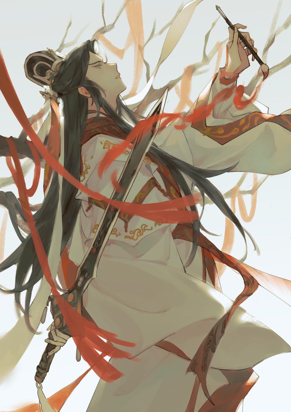 1boy bishounen black_hair chinese_clothes chinese_commentary closed_mouth from_side hanfu highres holding holding_paintbrush holding_sword holding_weapon jewelry jian_(weapon) jinguang_budaixi long_hair long_sleeves male_focus mo_lisao paintbrush profile red_ribbon red_trim ribbon ribboned_xiao_guan robe solo standing sword very_long_hair weapon white_hanfu wide_sleeves wuxia xiao_guan_(headdress) zhao_yi