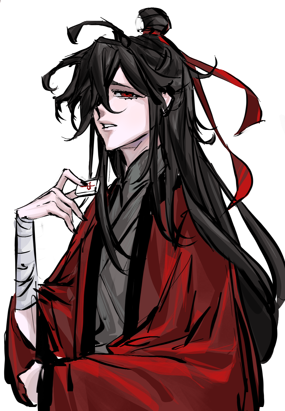 1boy ahoge bandaged_arm bandages black_hair black_hanfu black_nails chinese_clothes chinese_commentary coat dao_gui_yi_xian hair_bun hair_over_one_eye hair_ribbon half_updo hand_up hanfu highres holding holding_mahjong_tile hong_zhong_(li_huowang) li_huowang linshj9499 long_hair long_sleeves looking_at_viewer mahjong mahjong_tile male_focus messy_hair nail_polish parted_lips red_coat red_eyes red_ribbon ribbon robe sidelocks simple_background single_hair_bun solo upper_body white_background wide_sleeves zuo_wang_dao