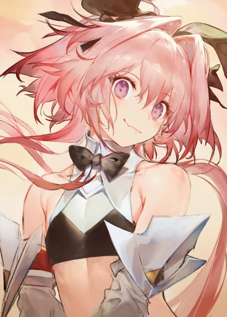 1boy astolfo_(fate) astolfo_(saber)_(fate) astolfo_(saber)_(first_ascension)_(fate) bare_shoulders black_bow black_ribbon blush bow bowtie detached_sleeves fang fang_out fate/grand_order fate_(series) hair_between_eyes hair_bow hair_intakes hair_ornament hair_ribbon kodama_(wa-ka-me) long_hair looking_at_viewer male_focus multicolored_hair pink_hair purple_eyes ribbon skin_fang smile solo streaked_hair trap twintails upper_body white_hair
