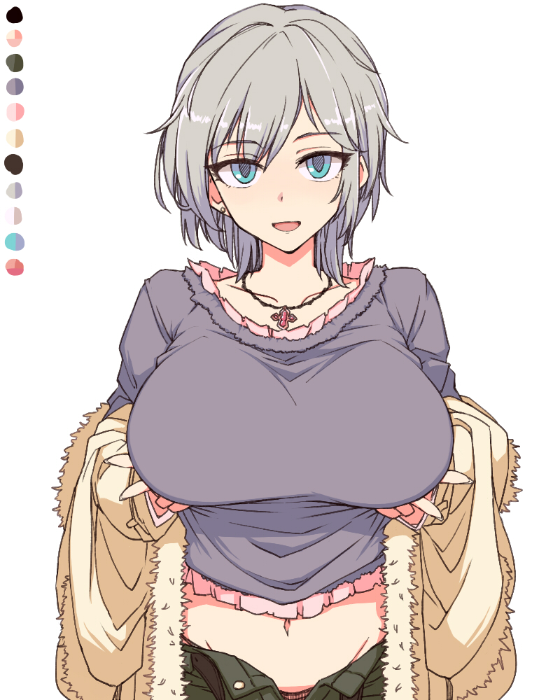 1girl :d anastasia_(idolmaster) belt blue_eyes breast_lift breasts color_guide commentary_request cross_pendant earrings frilled_shirt frills grabbing_own_breast grey_hair grey_shirt idolmaster idolmaster_cinderella_girls jewelry large_breasts looking_at_viewer midriff navel necklace off_shoulder open_belt open_fly open_mouth panties panty_peek pendant shirt short_hair simple_background smile solo toriga_naku underwear upper_body white_background