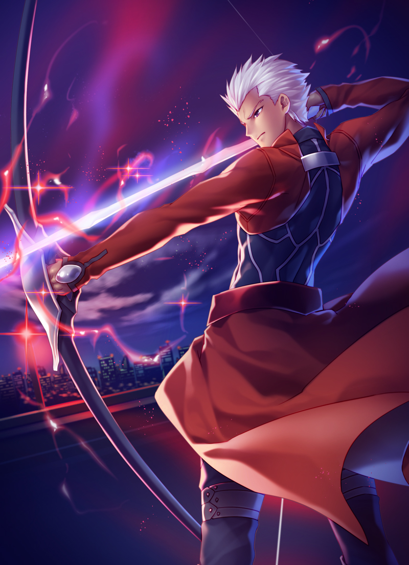1boy archer_(fate) bow_(weapon) dark_skin dark-skinned_male fate/stay_night fate_(series) glowing glowing_weapon male_focus resolution_mismatch short_hair solo weapon white_hair yeruen
