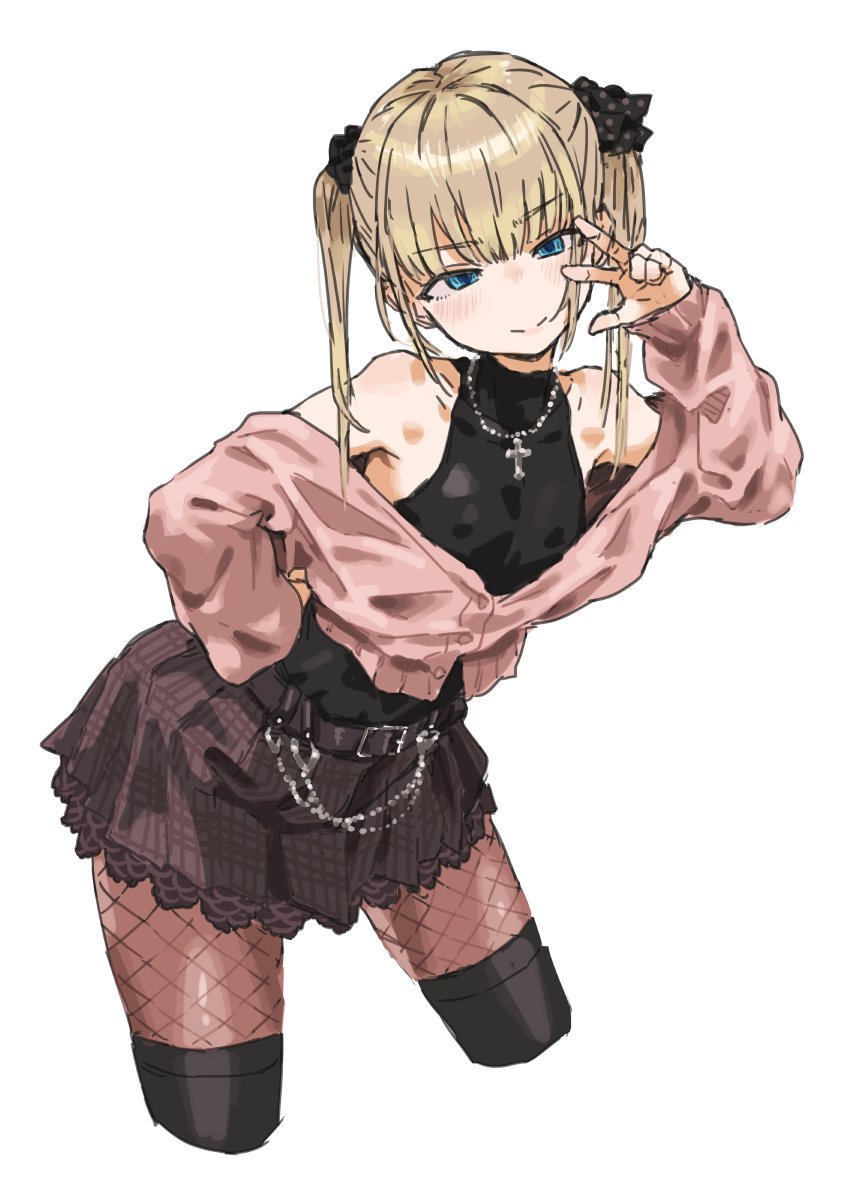 1girl bare_shoulders blonde_hair blue_eyes bow breasts cleavage cross cross_necklace fishnet_pantyhose fishnets jewelry long_hair m_k necklace original pantyhose rika_(m_k) simple_background small_breasts smile solo standing v v_over_eye