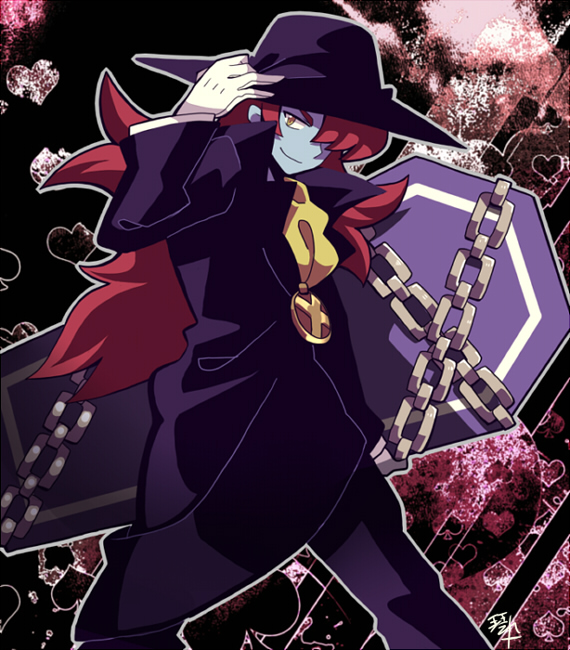 1boy adjusting_clothes adjusting_headwear ascot black_coat black_hat black_pants blue_skin brown_eyes chain closed_mouth coat coffin colored_skin croket! feet_out_of_frame fondde_veau gloves hair_over_one_eye hat heart holding_coffin kotorai looking_at_viewer male_focus pants red_hair smile solo spade_(shape) white_gloves yellow_ascot