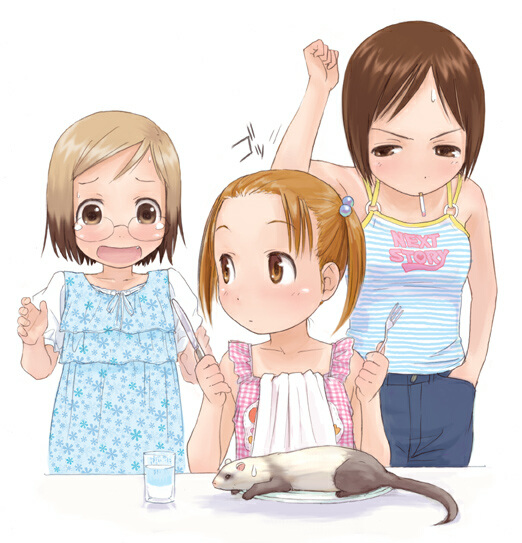 3girls animal bare_arms bare_shoulders brown_eyes brown_hair camisole cigarette denim ferret fork glasses ichigo_mashimaro itou_nobue jeans john knife matsuoka_miu multiple_girls napkin naruko_hanaharu pants plate sakuragi_matsuri sleeveless sweatdrop