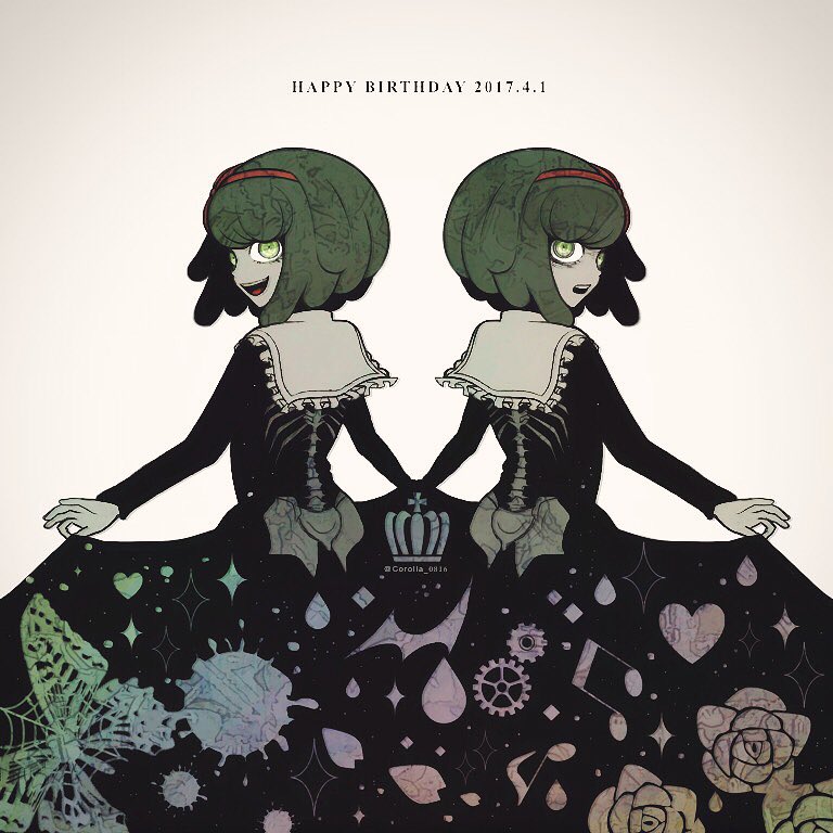 1girl :d black_dress corolla_0816 crazy_eyes danganronpa_(series) danganronpa_another_episode:_ultra_despair_girls dated dress english_text eyelashes green_eyes green_hair hairband happy_birthday long_sleeves looking_back multiple_views open_mouth red_hairband short_hair simple_background skeleton_print smile teeth towa_monaca twitter_username upper_teeth_only white_background