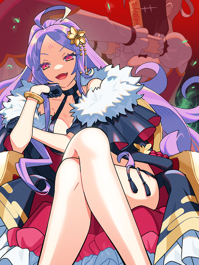 2girls :d ahoge bare_shoulders bikini black_bikini black_cape black_gloves bracelet breasts cape cleavage commentary_request crossed_legs dress facial_mark fang fate/grand_order fate_(series) feet_out_of_frame forehead forehead_mark fur_cape fur_trim gloves hair_ornament half_gloves jewelry jiangshi large_breasts long_hair looking_at_viewer multiple_girls off-shoulder_dress off_shoulder ofuda open_mouth pink_eyes print_cape purple_eyes purple_hair puteru sidelocks sitting slingshot_swimsuit smile solo_focus swimsuit thighs very_long_hair wu_zetian_(fate) wu_zetian_(swimsuit_caster)_(fate) wu_zetian_(swimsuit_caster)_(third_ascension)_(fate)