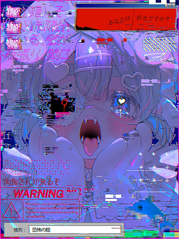 1girl animal_hands blue_eyes blush close-up dress eyepatch fangs glitch gloves grey_hair hair_ornament hairclip hands_on_own_cheeks hands_on_own_face heart heart_hair_ornament microsoft_windows open_mouth original paw_gloves short_hair solo tongue tongue_out window_(computing) windows_98 windows_classic wolrero