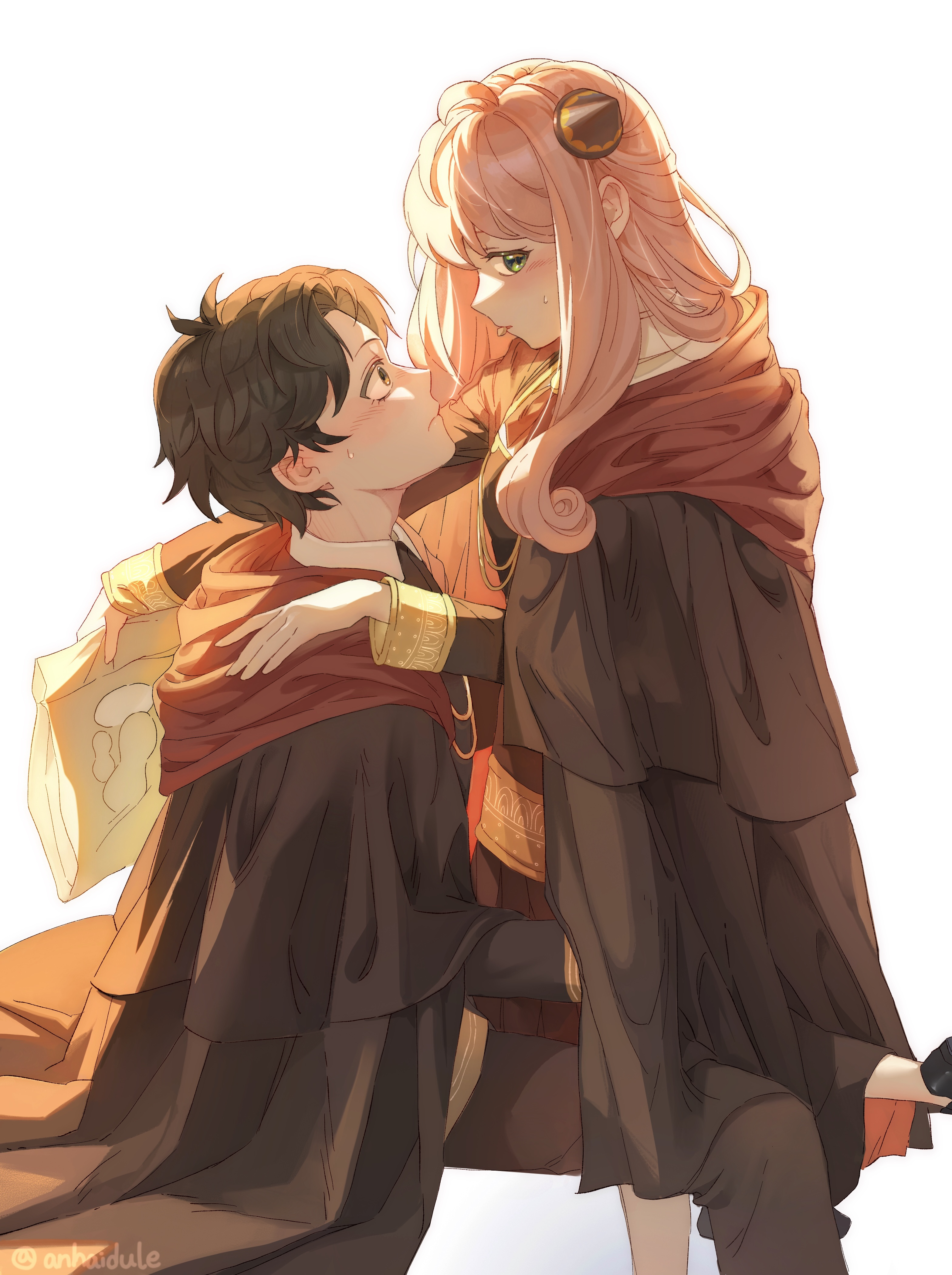 1boy 1girl absurdres aged_up ahoge anya_(spy_x_family) bag black_cape black_pants blush brown_hair cape damian_desmond dule_(anhaidule) eden_academy_school_uniform food_in_mouth gold_trim green_eyes hairpods hand_on_another's_shoulder highres long_hair long_sleeves looking_at_another looking_away mouth_hold pants paper_bag parted_bangs peanut pink_hair school_uniform sitting spy_x_family sweatdrop white_background yellow_eyes