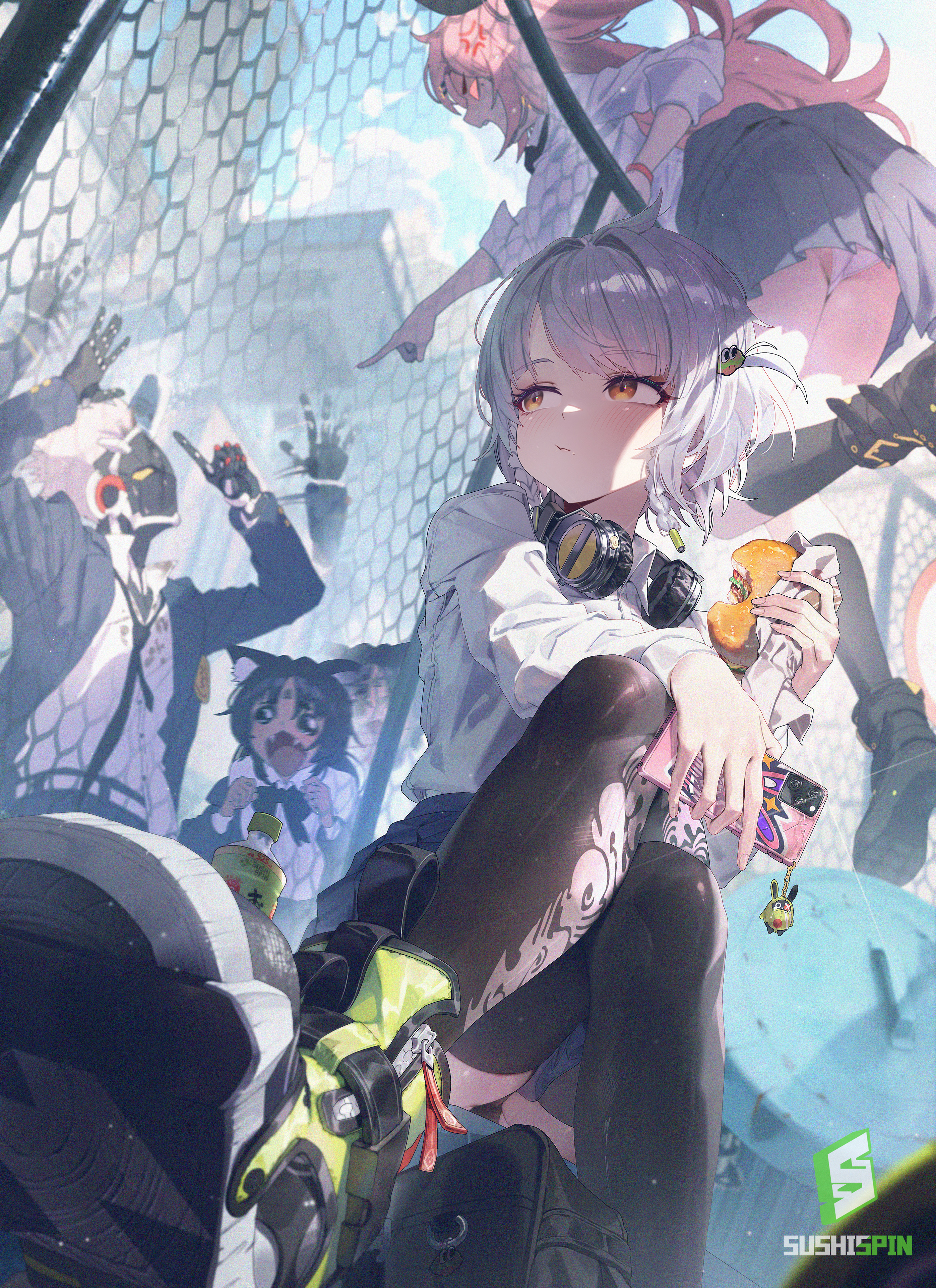 1boy 3girls absurdres anby_demara anby_demara_(silver_soldier) anger_vein animal_ears billy_kid black_hair black_jacket black_thighhighs blue_sky burger cat_ears cellphone chain-link_fence commentary crossed_legs cyborg day fence food green_shoes grey_hair headphones headphones_around_neck highres holding holding_burger holding_food holding_phone jacket multiple_girls nekomiya_mana nicole_demara open_mouth orange_eyes panties phone pink_hair school_uniform shirt shoe_soles shoes sitting sky smartphone sushispin thighhighs trash_can underwear white_panties white_shirt zenless_zone_zero
