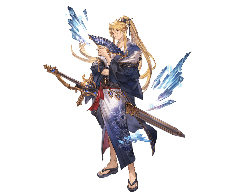 1boy aglovale_(granblue_fantasy) aglovale_(yukata)_(granblue_fantasy) black_sandals blonde_hair full_body granblue_fantasy hair_between_eyes hand_fan high_ponytail holding holding_fan japanese_clothes long_hair official_art ponytail red_eyes sandals smile solo standing third-party_source very_long_hair