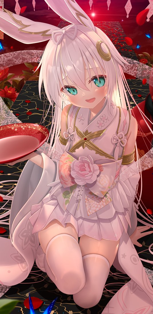 1girl animal_ears aqua_eyes blue_butterfly bow bug butterfly copyright_request detached_sleeves dress falling_petals floral_print flower hair_between_eyes hair_ornament holding insect long_hair open_mouth petals red_flower red_petals rose solo star_(symbol) star_in_eye symbol_in_eye thighhighs white_bow white_dress white_flower white_rose white_thighhighs wide_sleeves yano_mitsuki_(nanairo)