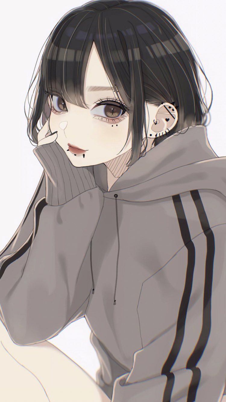1girl aegyo_sal anti-eyebrow_piercing barbell_piercing black_hair black_nails blunt_bangs brown_eyes closed_mouth ear_piercing earrings elbow_on_knee eyelashes grey_hoodie hamunezuko_(nezukonezu32) hand_on_own_cheek hand_on_own_face hand_up highres hood hoodie industrial_piercing jewelry lip_piercing long_hair looking_at_viewer original piercing red_lips sidelocks sideways_glance simple_background slit_pupils smile solo straight_hair stud_earrings white_background