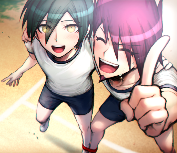 2boys black_hair blush closed_eyes danganronpa_(series) danganronpa_v3:_killing_harmony facial_hair from_above goatee gym_shirt gym_uniform hair_between_eyes index_finger_raised itsuki_(nightlight) looking_at_viewer male_focus momota_kaito multiple_boys open_mouth purple_hair saihara_shuichi shirt short_sleeves shorts spiked_hair sports_festival sweat three-legged_race white_shirt yellow_eyes