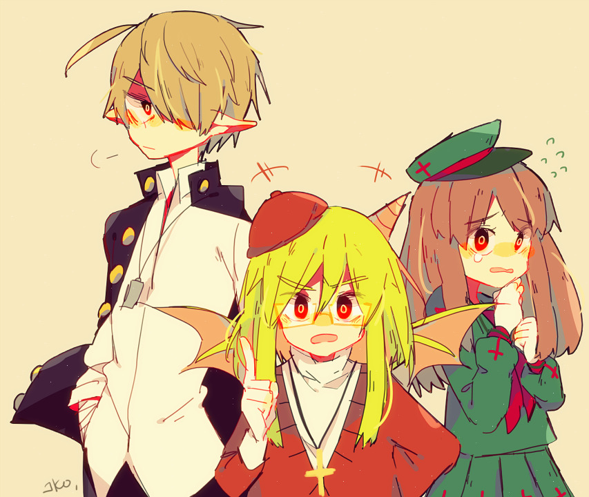 1boy 2girls adauchi_(funamusea) angel angel_wings blonde_hair blush cross demon_boy demon_girl demon_wings funamusea grey_hair haiiro_teien horns long_hair looking_at_viewer macarona_(funamusea) multiple_girls oounabara_to_wadanohara red_sweater sakiroll short_hair single_horn sweater uniform wings yosafire_(funamusea)