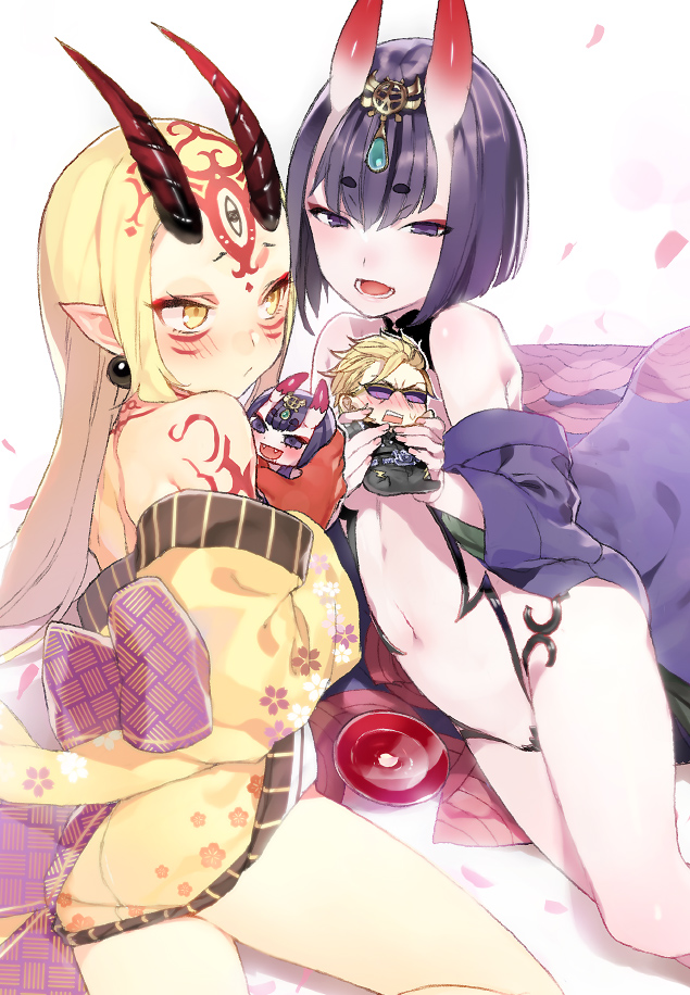 2girls bare_legs bare_shoulders blonde_hair blush breasts character_doll commentary_request cup earrings facial_mark fate/grand_order fate_(series) hair_ornament horns ibaraki_douji_(fate) ikeya japanese_clothes jewelry kimono long_hair lying multiple_girls navel obi pointy_ears purple_eyes purple_hair sakazuki sash shuten_douji_(fate) skin-covered_horns small_breasts tattoo yellow_eyes
