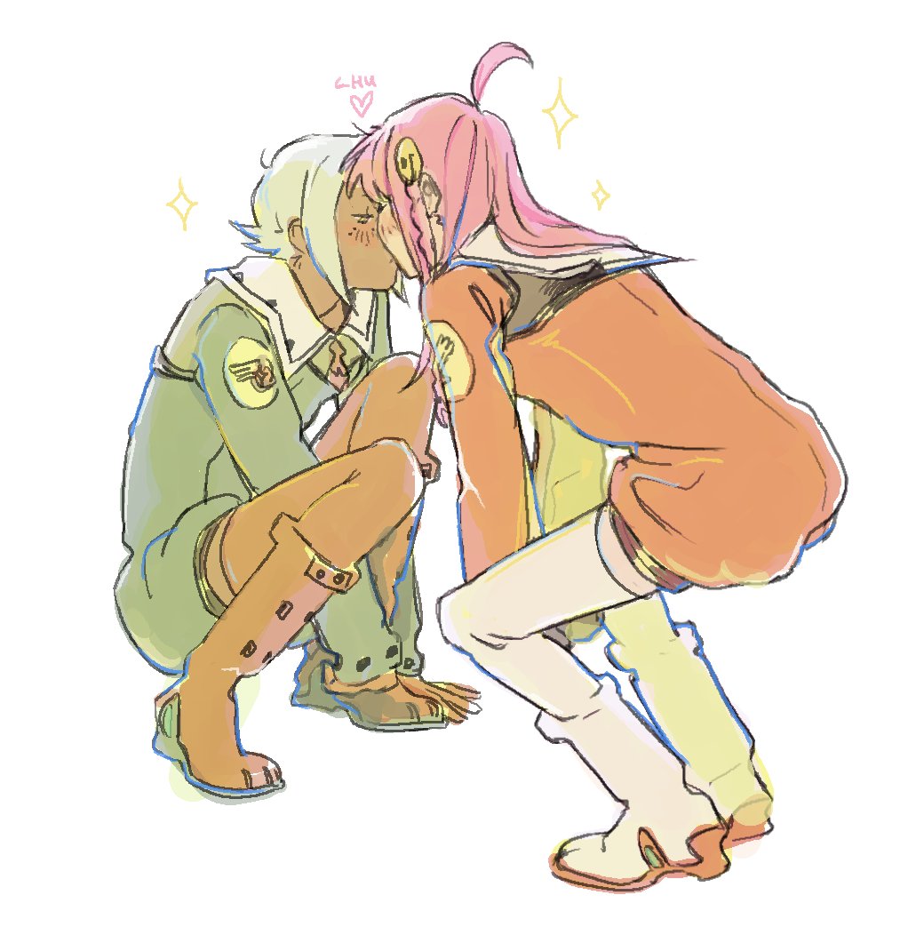 2girls ahoge braid dark-skinned_female dark_skin esshemasha grey_hair hair_ornament heart kiss lal&#039;c_mellk_mal long_hair long_sleeves multiple_girls nono_(top_wo_nerae_2!) pink_hair short_hair sparkle squatting thighhighs top_wo_nerae!_(series) top_wo_nerae_2! white_background yuri