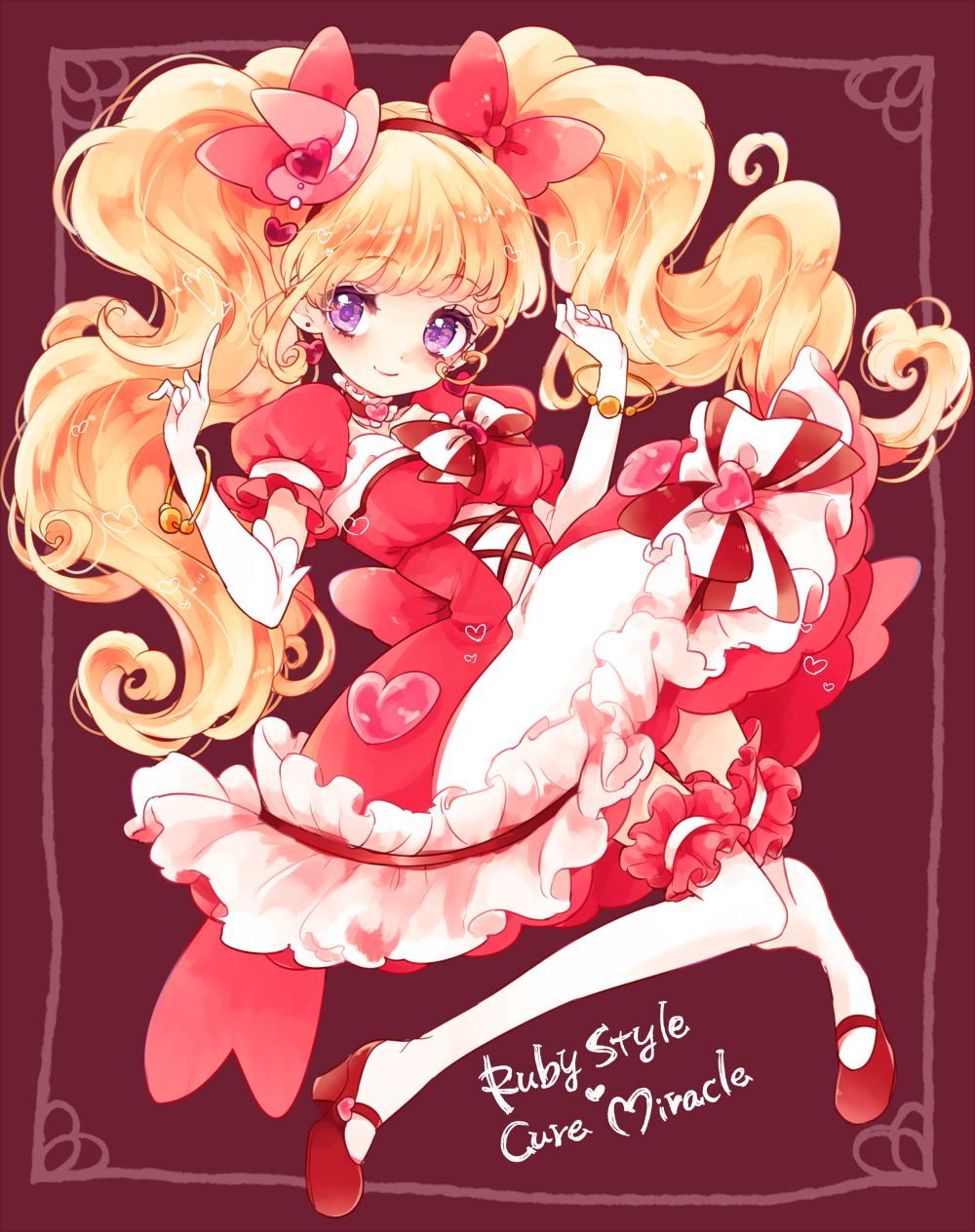 1girl asahina_mirai blonde_hair bow character_name choker cure_miracle cure_miracle_(ruby_style) cure_miracle_ruby_style earrings elbow_gloves female_focus frilled_skirt frills full_body gloves hair_bow hat heart heart_earrings highres jewelry long_hair looking_at_viewer magical_girl mahou_girls_precure! mary_janes mini_hat mini_witch_hat pink_hat precure purple_eyes red_background red_bow red_shoes ruby_style shoes skirt smile solo striped_bow thighhighs twintails uzuki_aki white_gloves white_thighhighs witch_hat