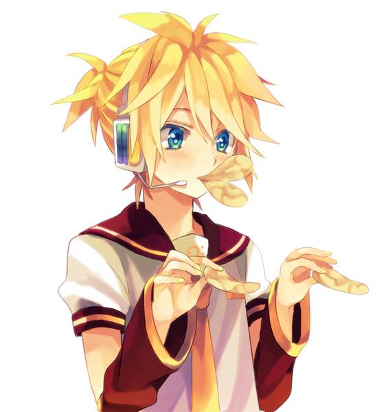 1boy :v akiyoshi_(tama-pete) blonde_hair blue_eyes chips_(food) food headset kagamine_len male_focus mouth_hold necktie short_hair simple_background solo vocaloid yellow_necktie
