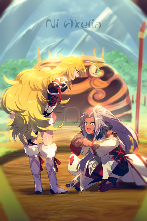 1boy 1girl ahoge blonde_hair boots dark-skinned_male dark_skin echo_(circa) full_body gloves ivar_(tales) long_hair milla_maxwell multicolored_hair open_mouth red_eyes skirt tales_of_(series) tales_of_xillia tree white_hair