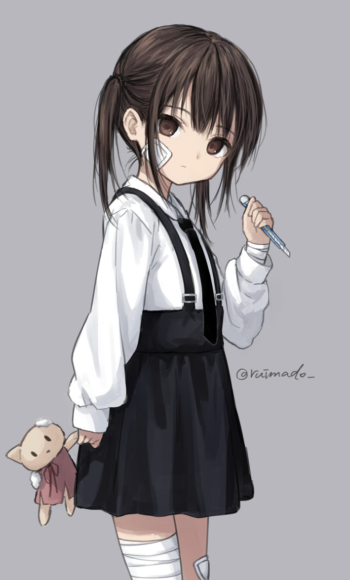 1girl bandaged_leg bandaged_wrist bandages bandaid bandaid_on_cheek bandaid_on_face bandaid_on_leg boxcutter brown_eyes brown_hair collared_shirt expressionless holding holding_boxcutter holding_stuffed_toy long_hair long_sleeves looking_at_viewer necktie original ruimado shirt skirt solo stuffed_animal stuffed_cat stuffed_toy suspender_skirt suspenders twintails