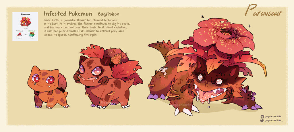 border bright_pupils bulbasaur claws english_text evolutionary_line full_body fusion game_freak gen_1_pokemon instagram_username ivysaur mushroom nintendo no_humans open_mouth paras parasect pokemon pokemon_(creature) red_eyes reference_inset saliva sharp_teeth sieepybear signature simple_background teeth twitter_username venusaur white_border white_pupils