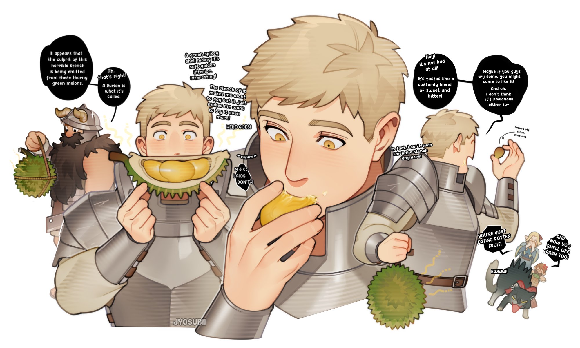 1girl 3boys 700hash animal animalization armor artist_name beard blonde_hair bracer cat chilchuck_tims commentary dungeon_meshi durian dwarf eating english_commentary english_text facial_hair fake_horns food fruit full_beard hand_up helmet highres holding holding_food holding_fruit horned_helmet horns izutsumi laios_touden long_beard long_sleeves looking_at_food marcille_donato multiple_boys pauldrons senshi_(dungeon_meshi) short_hair shoulder_armor speech_bubble very_short_hair watermark yellow_eyes