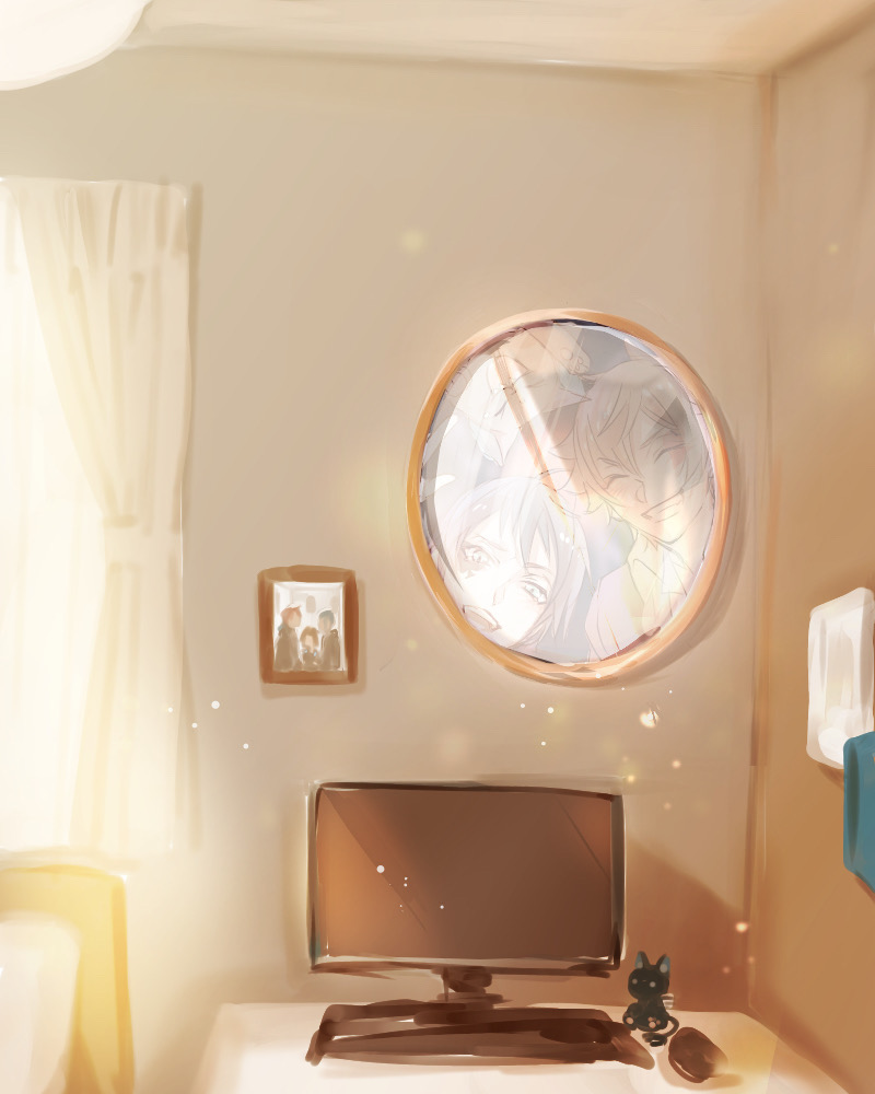 2boys ace_trappola aqua_eyes bedroom brown_hair character_doll computer creature deuce_spade doll grim_(twisted_wonderland) grin indoors light_particles looking_at_viewer male_focus mirror multiple_boys orange_hair short_hair smile sunlight twisted_wonderland window yuu_(twisted_wonderland) yuuki_(yukko7474)