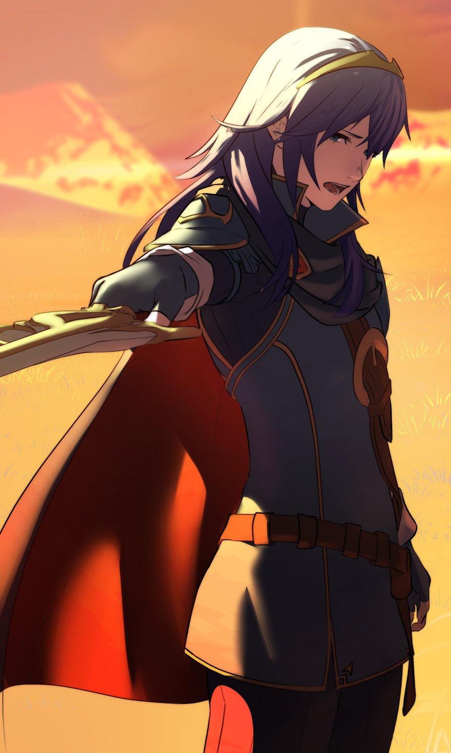 1girl blue_eyes blue_gloves blue_hair cape commentary english_commentary falchion_(fire_emblem) fingerless_gloves fire_emblem fire_emblem_awakening gloves highres holding holding_sword holding_weapon long_hair long_sleeves looking_at_viewer lucina_(fire_emblem) nintendo open_mouth orange_sky outdoors pointing_melee_weapon pointing_sword sky solo sunset sword teeth tiara tongue vibratix weapon