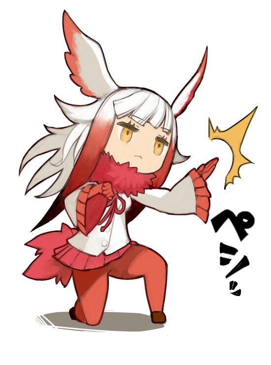 10s 1girl blunt_bangs female_focus gloves head_wings hokuto_no_ken hokuto_no_ken:_shinpan_no_sousousei_kengou_retsuden japanese_crested_ibis_(kemono_friends) jitome kemono_friends long_hair long_sleeves multicolored_hair name_connection npa_(sirokurokuma) on_one_knee pantyhose pleated_skirt red_pantyhose red_skirt simple_background skirt solo toki_(hokuto_no_ken) two-tone_hair white_background white_hair wings yellow_eyes