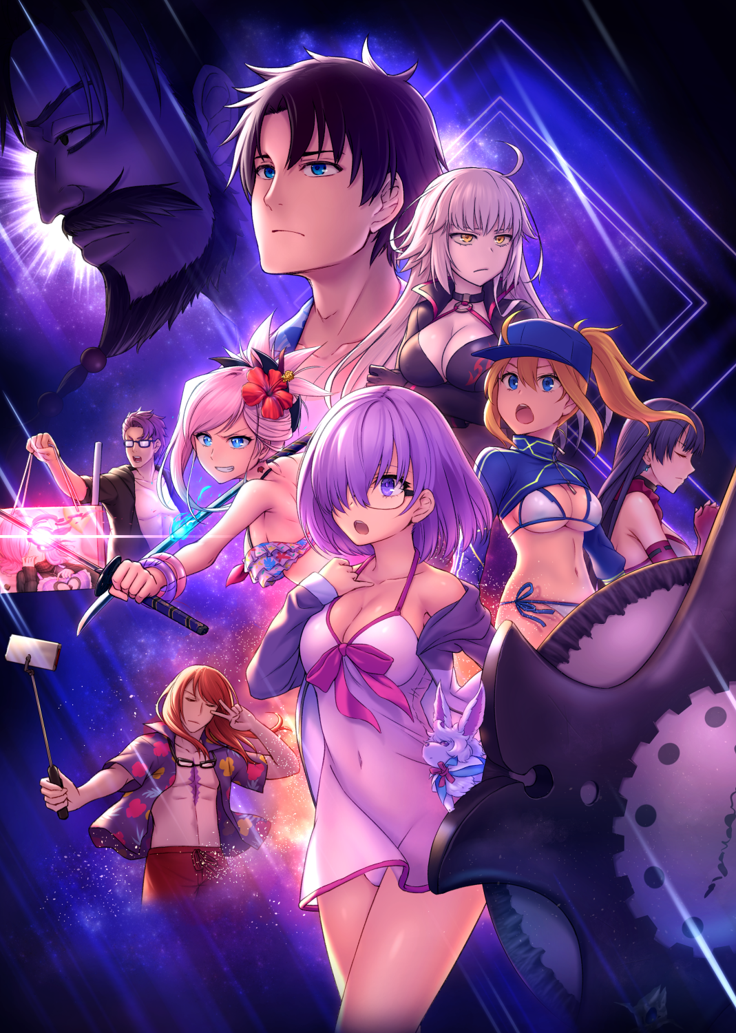 4boys 5girls :o ahoge artoria_pendragon_(fate) avengers:_endgame avengers_(series) bag bare_shoulders baseball_cap beard bikini bikini_under_clothes black-framed_eyewear black_bikini black_hair blonde_hair blue_eyes blue_headwear blue_shirt breasts cellphone cleavage closed_eyes closed_mouth collarbone creature dress dress_swimsuit dual_wielding earrings edward_teach_(fate) elbow_gloves facial_hair fate/grand_order fate_(series) flower fou_(fate) fujimaru_ritsuka_(male) fujimaru_ritsuka_(male)_(tropical_summer) glasses gloves glowing grin hair_between_eyes hair_flower hair_ornament hair_over_one_eye hair_through_headwear hat hibiscus highres holding holding_bag holding_sword holding_weapon jacket jeanne_d'arc_(fate) jeanne_d'arc_alter_(fate) jeanne_d'arc_alter_(swimsuit_berserker)_(fate) jewelry katana lancelot_(fate/grand_order) lancelot_(strongest_knight_of_summer)_(fate) large_breasts long_sleeves lower_teeth_only martha_(fate) marvel marvel_cinematic_universe mash_kyrielight mash_kyrielight_(swimsuit_of_perpetual_summer) miyamoto_musashi_(fate) multiple_boys multiple_girls mustache mysterious_heroine_x_(fate) mysterious_heroine_xx_(fate) navel o-ring o-ring_bikini o-ring_top off_shoulder official_alternate_costume opaque_glasses open_clothes open_jacket open_mouth open_shirt outstretched_arm oyaji-sou paper_bag phone pink_hair ponytail purple_eyes purple_hair purple_shirt red_flower red_gloves red_hair ribbon-trimmed_gloves ribbon_trim selfie selfie_stick shirt shrug_(clothing) side-tie_bikini_bottom silver_hair sleeves_past_wrists smile swimsuit sword teeth tristan_(chicken_of_luluhawa)_(fate) tristan_(fate) upper_teeth_only v v-shaped_eyebrows v_over_eye weapon white_bikini white_dress white_jacket yellow_eyes