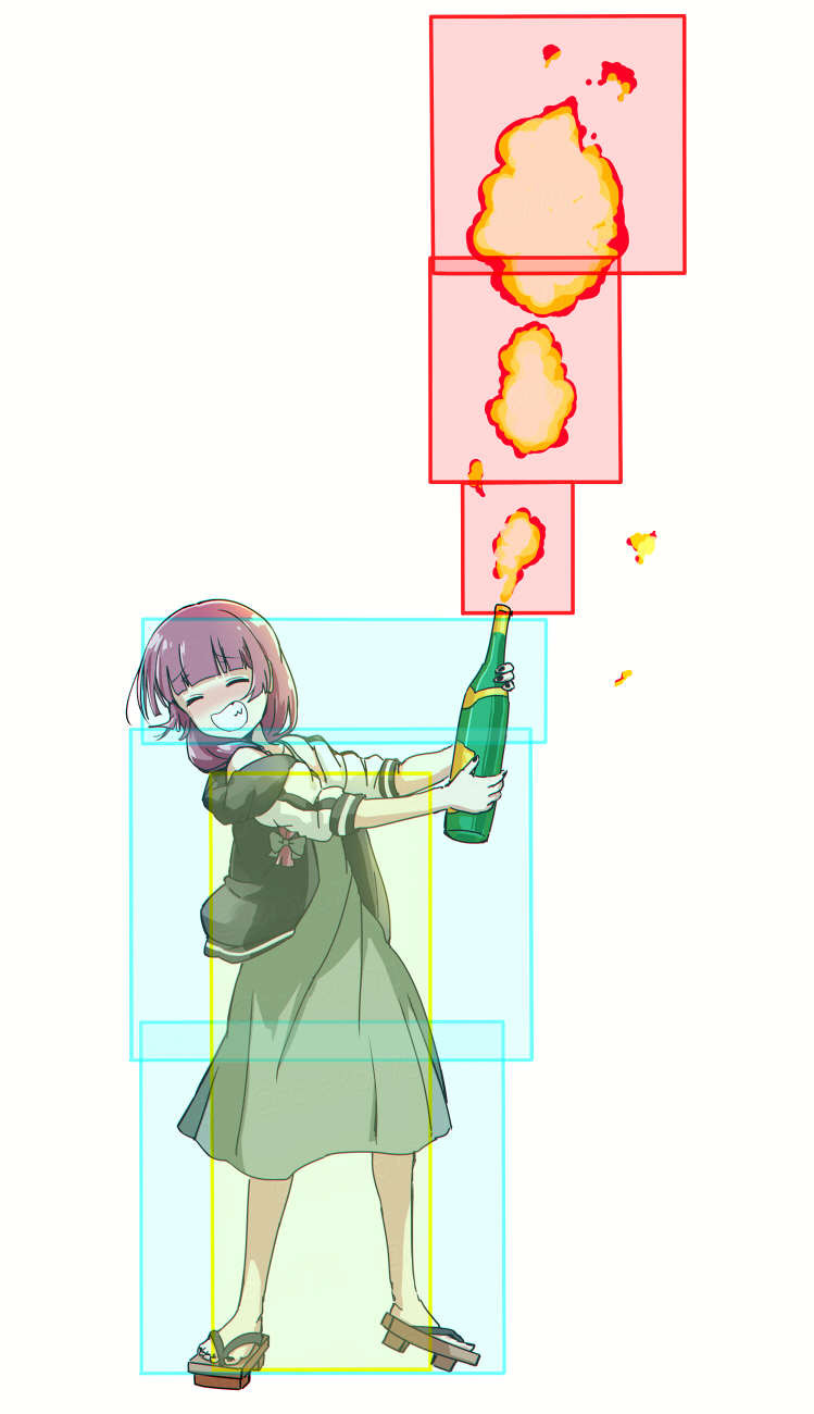 1girl b.b._hood black_bow black_jacket blush bocchi_the_rock! bottle bow braid closed_eyes darkstalkers dress fang fighting_game fire full_body geta green_dress grin hair_over_shoulder highres hiroi_kikuri hitbox jacket multicolored_jacket purple_hair simple_background single_braid smile solo standing torako_(toramaru) two-tone_jacket white_background white_jacket wine_bottle